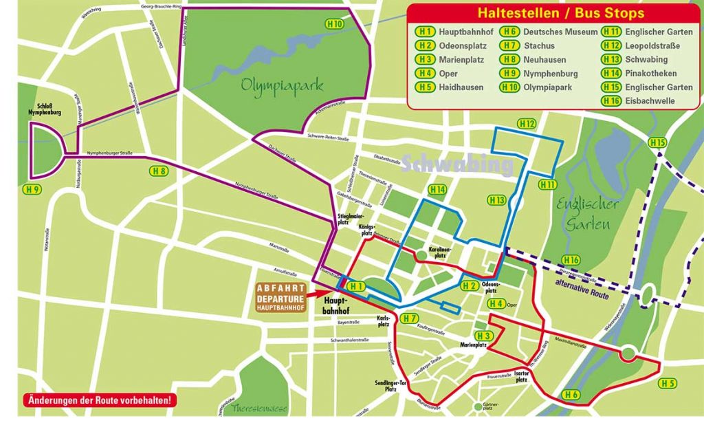 Mapa de las paradas del abutobús turístico de Munich  City Sightseeing