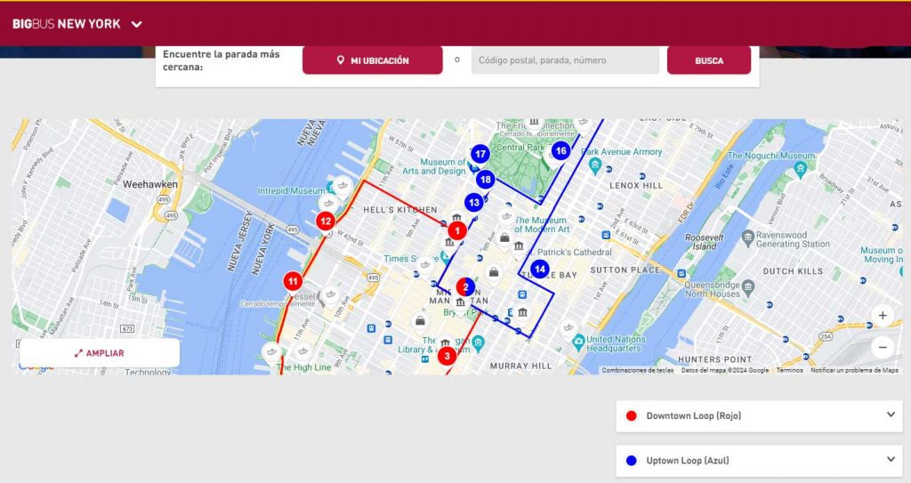captura pantalla del mapa del bus turístico de Nueva York